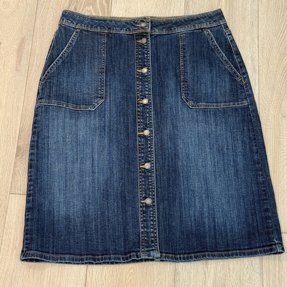 Liz Claiborne Button Front Denim Midi Skirt Size 8 Y2K Casual Jean Skirt Western